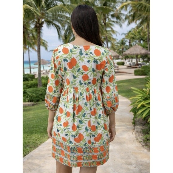 Islapayal 100% Cotton Block Print Mini Dress Citrus Floral Boho Tunic NWT XS - Picture 2 of 9